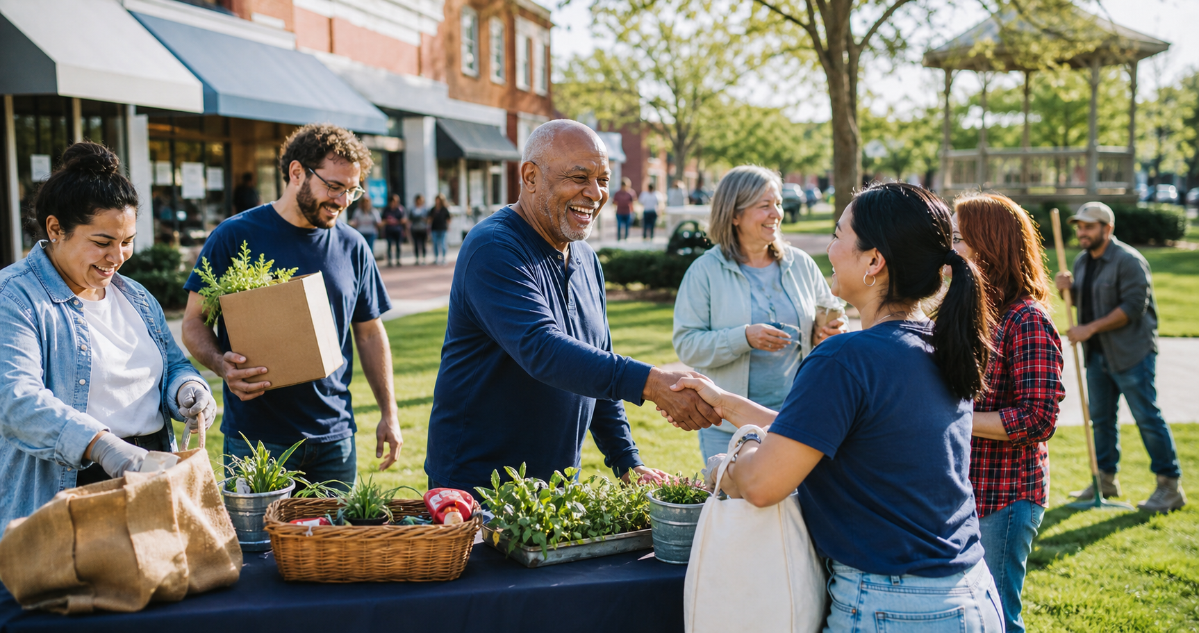 People gathering in a downtown community setting