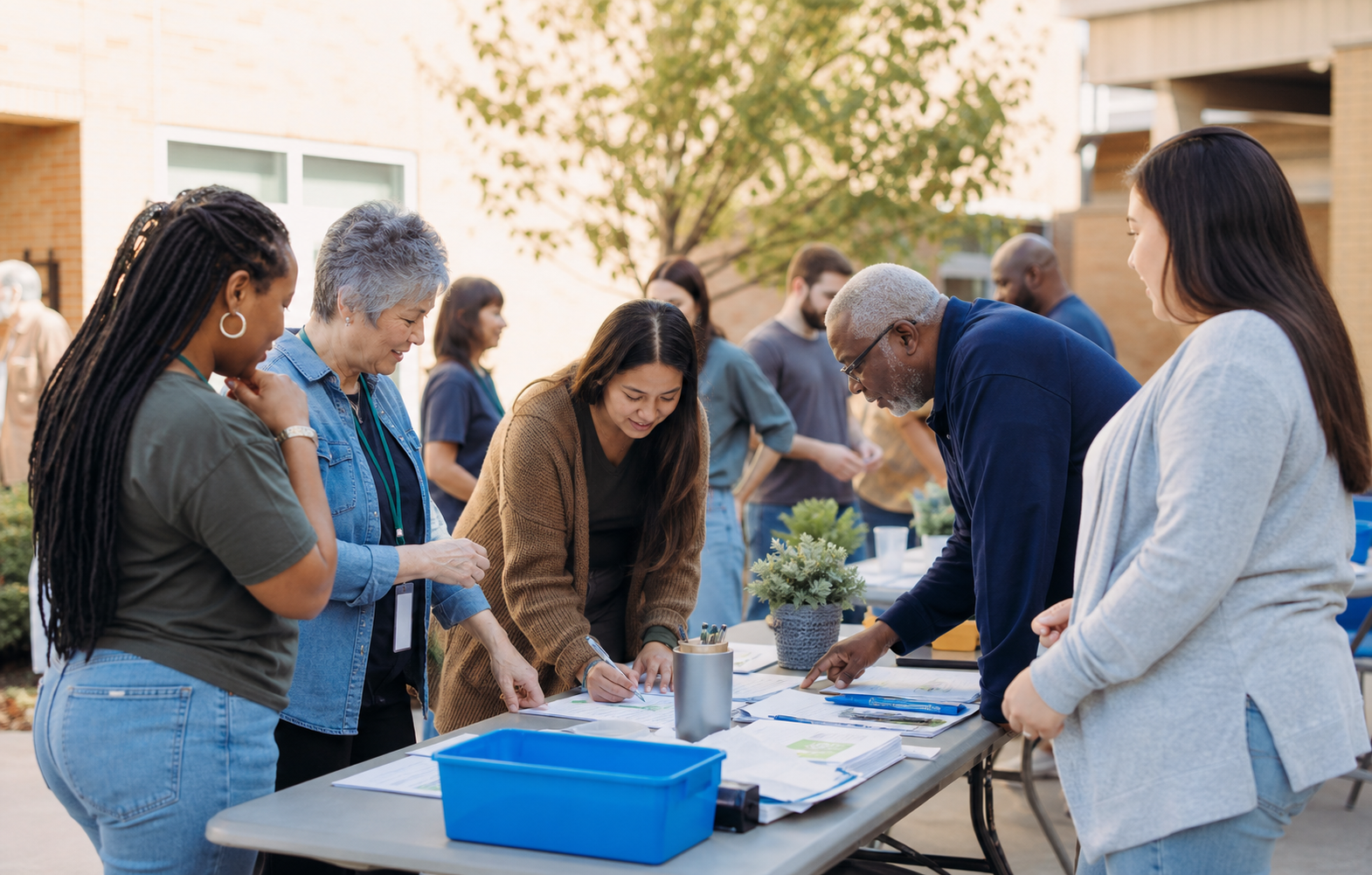 Neighbors and volunteers reviewing community event signup materials