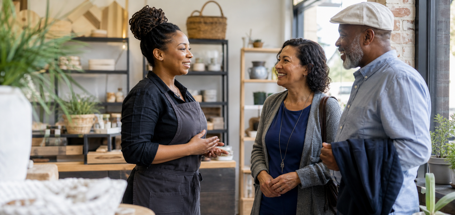 A local business owner speaking with community members inside a small shop