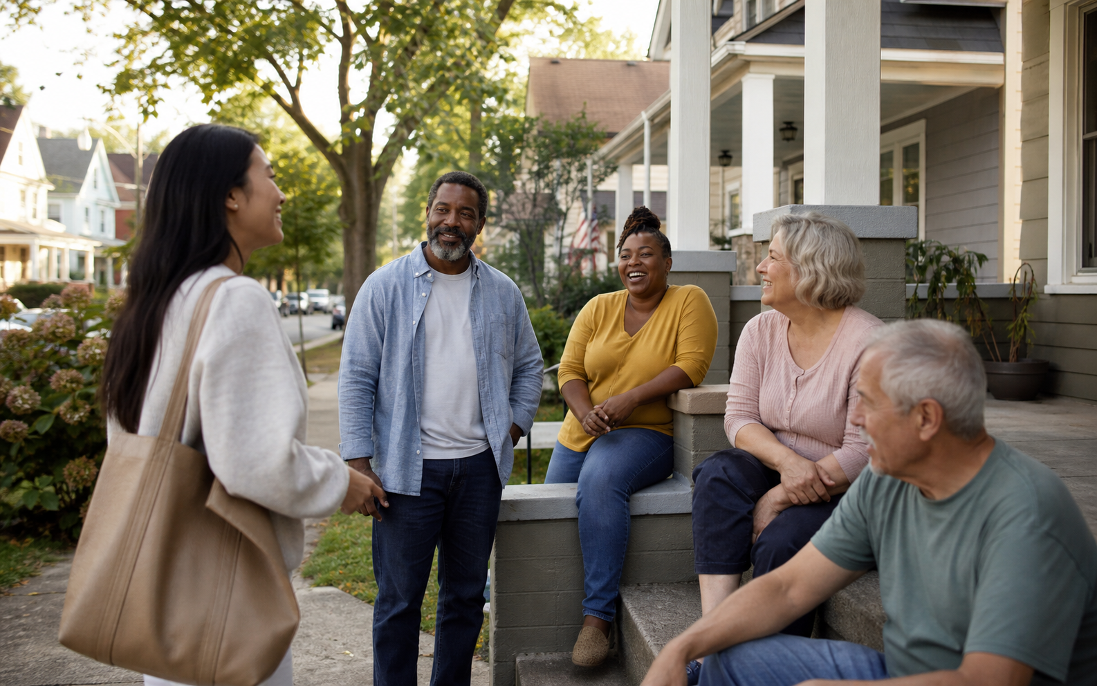 Neighbors talking together on a front porch and sidewalk